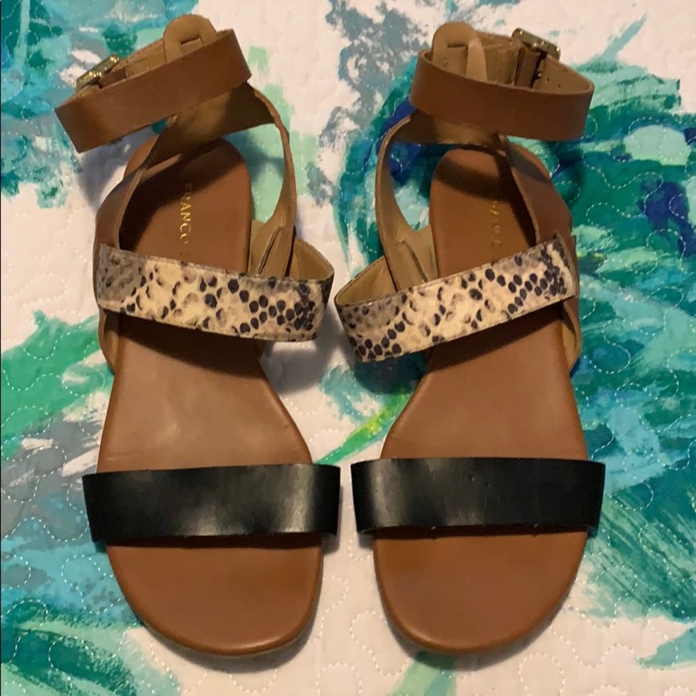 Women's Tan Leather Ankle-Strap Sandals with Black and Snake-Print Straps